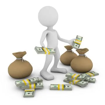 Man with dollars a man with a pack of dollars and bags, 3d render Copyrigh... Fotos de archivo