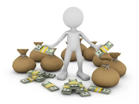 Man with dollars a man with a pack of dollars and bags, 3d render Copyrigh... Fotos de archivo