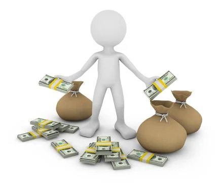Man with dollars a man with a pack of dollars and bags, 3d render Copyrigh... Fotos de archivo