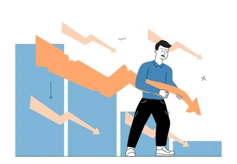 Man with downfall of company. Young guy holding falling arrow. Businessman and Stock Illustration