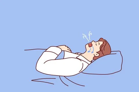 Man dozing on back in bed snores and has problems during obstructive sleep apnea Stock Illustration