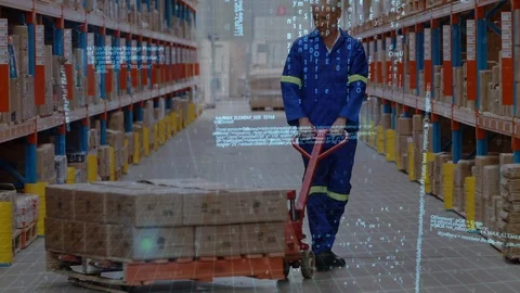 Man dragging a fork lift inside a warehouse Stock Footage 107703445