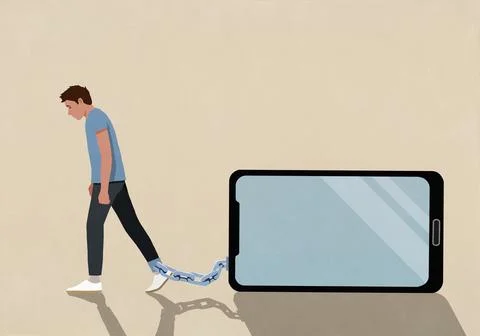 Man dragging large smart phone chained to his ankle on beige background Stock Illustration