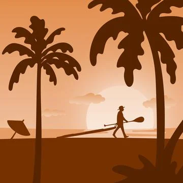 Man dragging sup board and paddle on the beach with orange shade illustration Stock Illustration