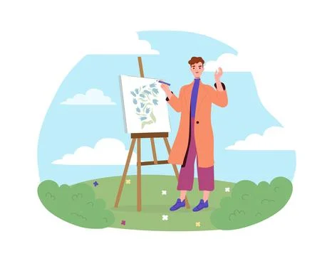 Man draw nature. Young guy with canvas painting nature scene. Creativity and art Stock Illustration