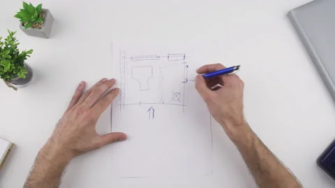 Man draw, sketch an object to be crafted, architectural drawing. Stock Footage 138065453
