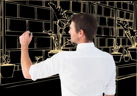 Man drawing 3D office light lines in dark background Stock Photos