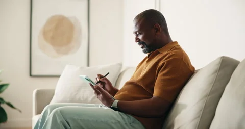 Man, drawing and remote work in home with tablet, stylus and graphic designer Stock Footage 337756622