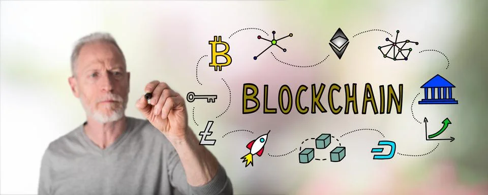 Man drawing blockchain technology concept Stock Photos