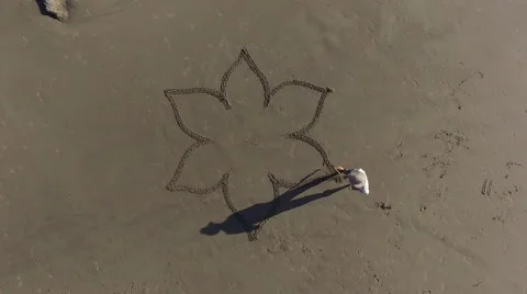 Man drawing a flower mandala on the beach Video stock 58649151