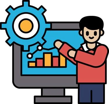 A man is drawing a gear on a computer screen Stockillustratie
