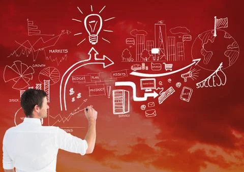 Man drawing graph and chart on interface screen Fotos de archivo