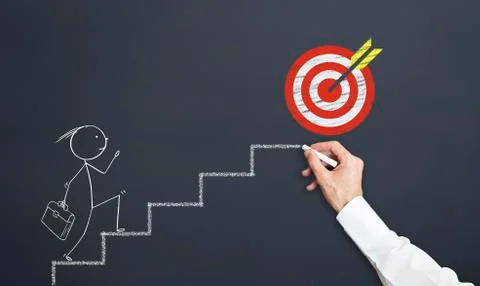 Man is drawing ladder while moving towards goal. support concept Stock Illustration