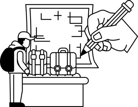 A man is drawing a picture of a suitcase on a table Stock Illustration