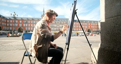 Man Drawing Portrait On Paper Sheet In Madrid Spain Stock Footage 111230177