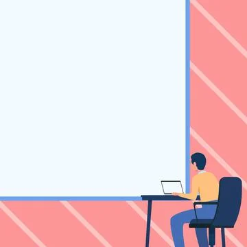 Man Drawing Sitting On Armchair Using Laptop Placed On Table With Large Blank 스톡 일러스트