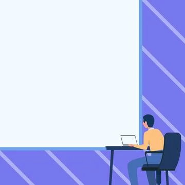 Man Drawing Sitting On Armchair Using Laptop Placed On Table With Large Blank Illustrazione stock