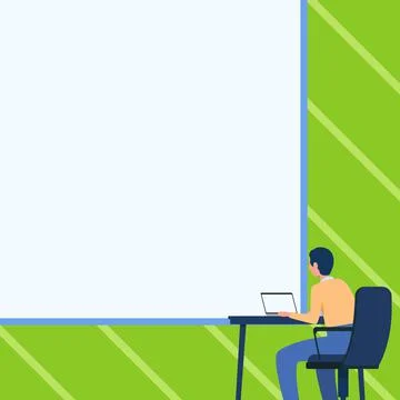 Man Drawing Sitting On Armchair Using Laptop Placed On Table With Large Blank 스톡 일러스트
