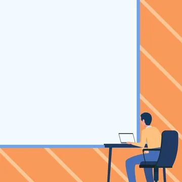 Man Drawing Sitting On Armchair Using Laptop Placed On Table With Large Blank 스톡 일러스트