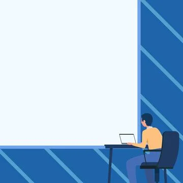 Man Drawing Sitting On Armchair Using Laptop Placed On Table With Large Blank Illustrazione stock