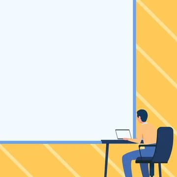 Man Drawing Sitting On Armchair Using Laptop Placed On Table With Large Blank 스톡 일러스트