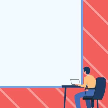 Man Drawing Sitting On Armchair Using Laptop Placed On Table With Large Blank 스톡 일러스트