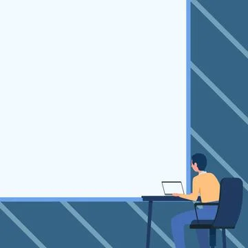 Man Drawing Sitting On Armchair Using Laptop Placed On Table With Large Blank Illustrazione stock
