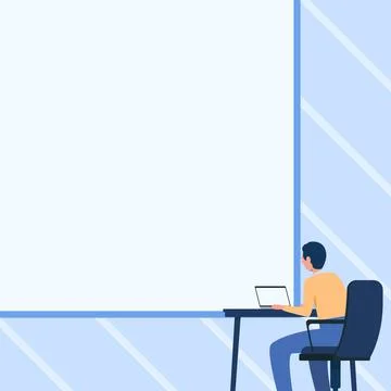 Man Drawing Sitting On Armchair Using Laptop Placed On Table With Large Blank Stock Illustration