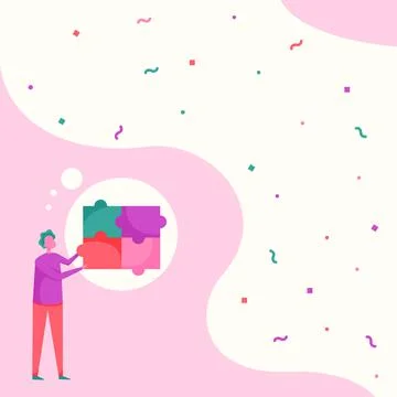 Man Drawing Standing Fitting Four Jigsaw Pieces Showing Solved Problem. Gentl Stock Illustration