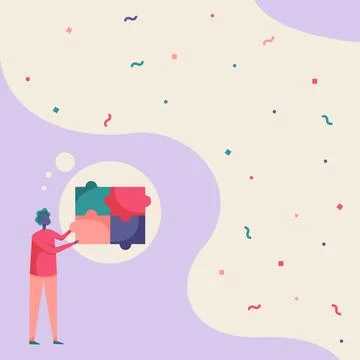 Man Drawing Standing Fitting Four Jigsaw Pieces Showing Solved Problem. Gentl Stock Illustration