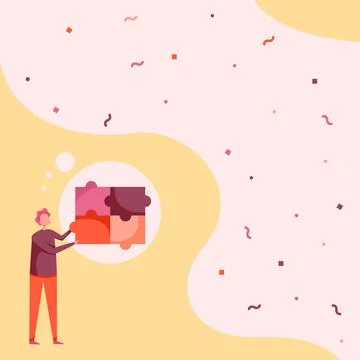 Man Drawing Standing Fitting Four Jigsaw Pieces Showing Solved Problem. Gentl Stock Illustration