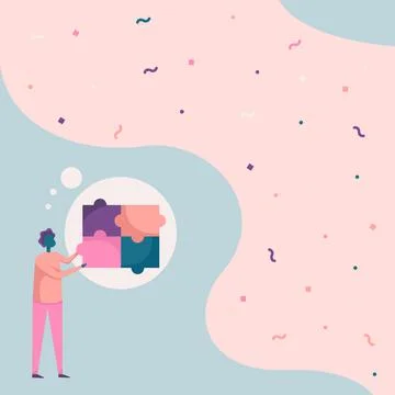 Man Drawing Standing Fitting Four Jigsaw Pieces Showing Solved Problem Stock Illustration