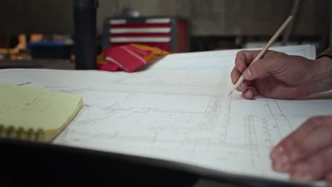 Man Drawing Technical Blueprint in Industrial Welding Workshop Stock Footage 342503404