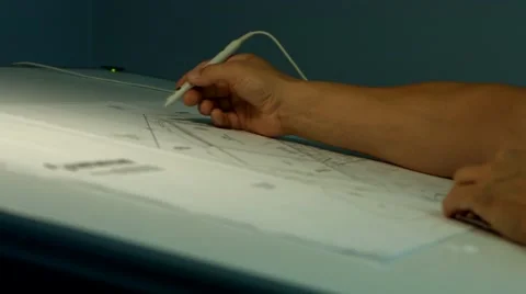 Man Draws Blue Prints Stock Footage 40850265