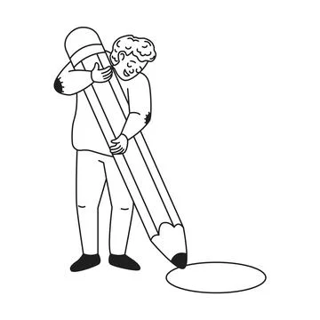 Man draws circle with oversized pencil linear icon Stock Illustration