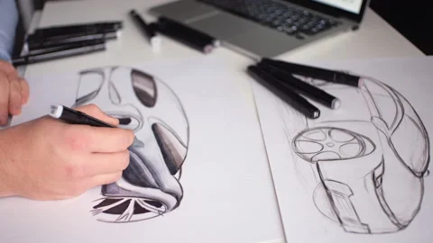 A man draws a design project for a future car at home Stock Footage 142606728