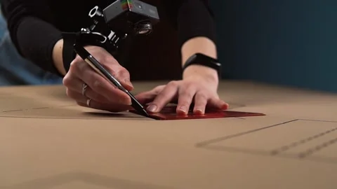 Man draws a line with black marker. Close-up Stock Footage 143253235