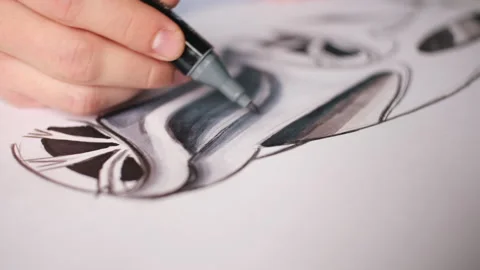 A man draws a new design project for a future car at home studio Stock Footage 142606588