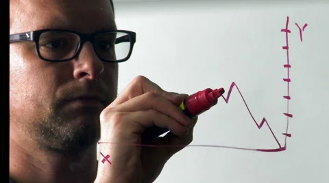 Man Draws a Red Line Graph on a Pane of Glass Stock Footage 61480292