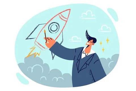 Man draws rocket flying up, symbolizing rapid career growth and launch Stock Illustration