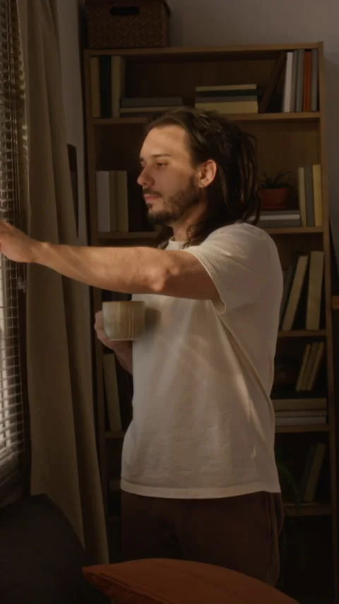 Man with Dreadlocks Drinking Coffee and Looking through Window Stock Footage 337543846