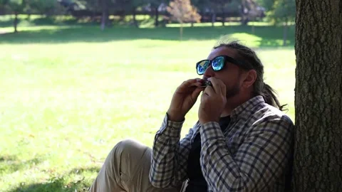 Man with Dreadlocks Ponytail in Sunglasses Playing Harmonica, Mouth Organ Stock Footage 291478383