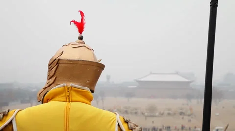 A man dressed as ancient soldier in Daming palace,Xi;an,China. Stock Footage 36877908