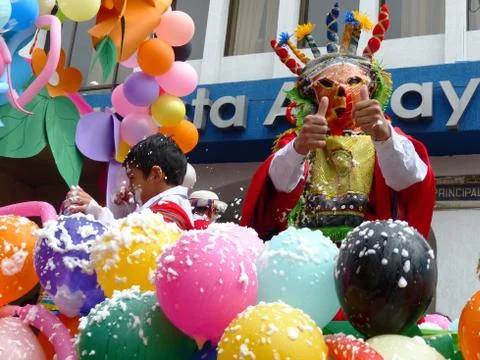 Man dressed as character Diablo Huma (Devil) greets public, carnival in Ecuador Stock Photos