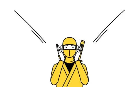A man dressed up as a ninja calling out with his hand over his mouth. Stock Illustration