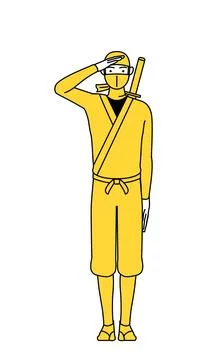 A man dressed up as a ninja making a salute. Stock Illustration
