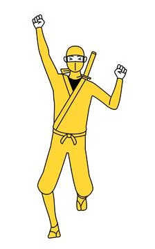 A man dressed up as a ninja smiling and jumping. Stock Illustration