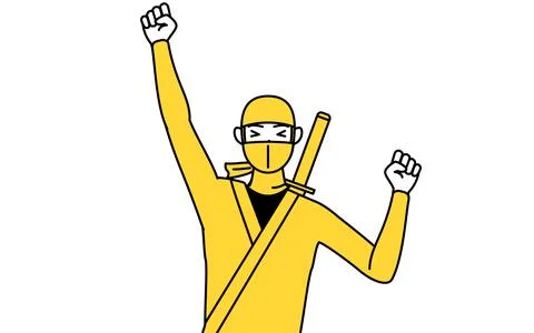 A man dressed up as a ninja smiling and jumping. Stock Illustration