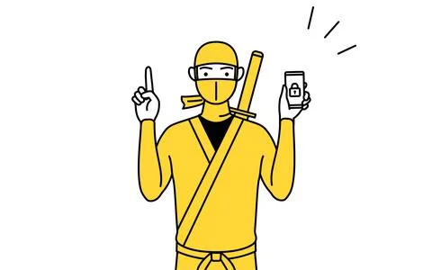 A man dressed up as a ninja taking security measures for his phone. Stock Illustration