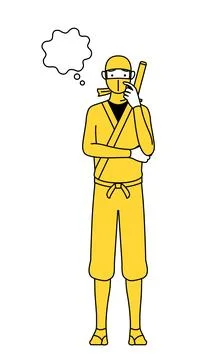A man dressed up as a ninja thinking while scratching his face. Stock Illustration